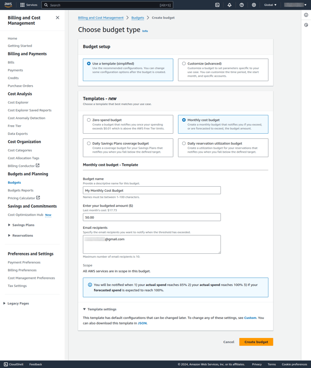 AWS Creating a Budget 2