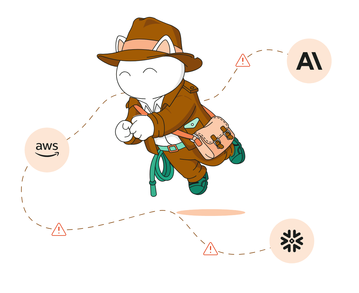 Finout detective mascot tracking cost alerts across Anthropic, AWS and Snowflake
