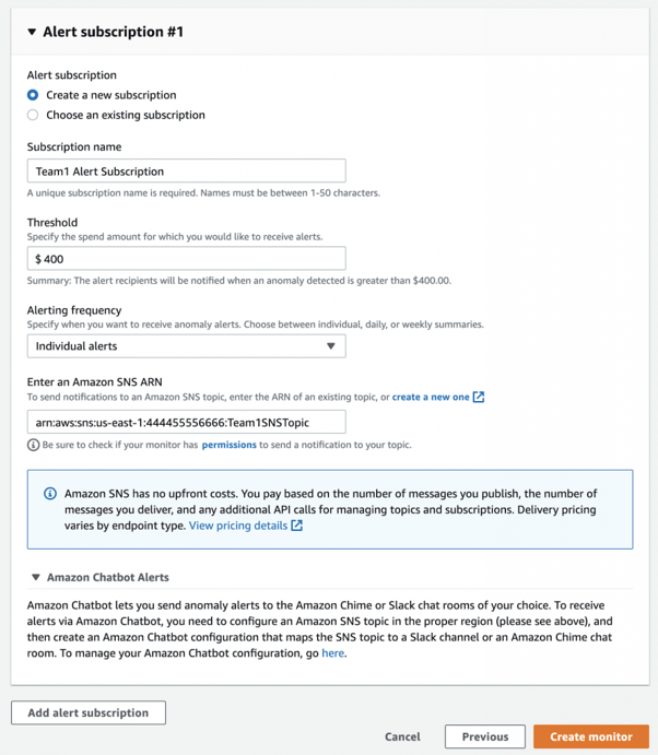 alert of cost spikes view